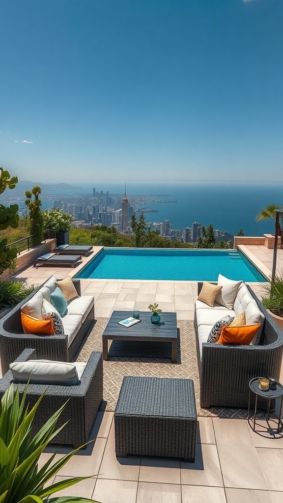 Stylische modulare Loungemöbel mit Blick auf den Pool und die Stadt