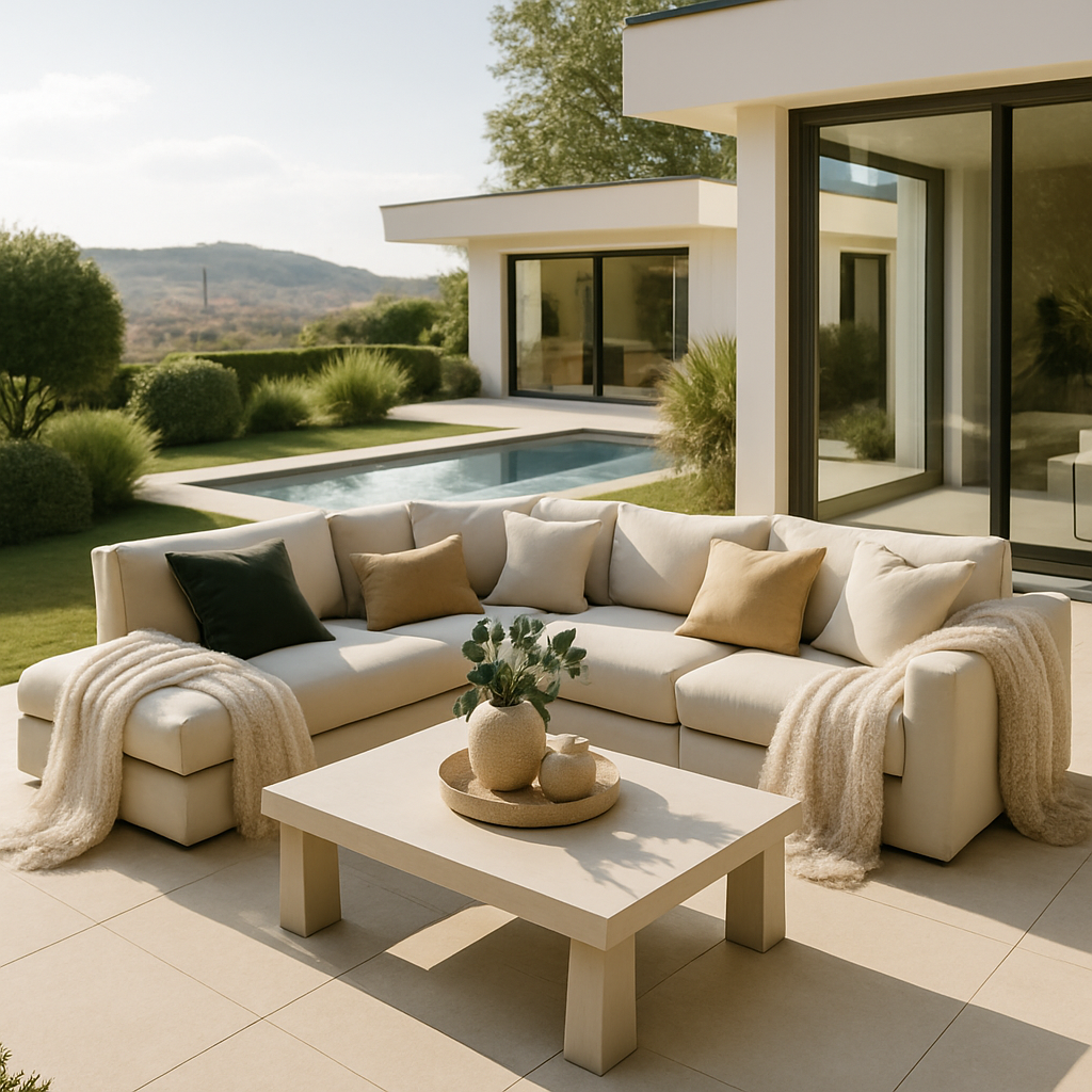 Modulare Loungesysteme im Freien mit einem Sofa und einem Tisch, umgeben von einem gepflegten Garten und einem Pool.