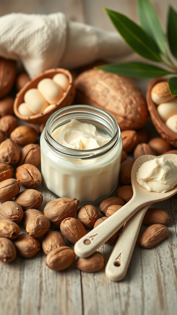 A jar of moisturizing body butter surrounded by nuts and eggs on a wooden surface.