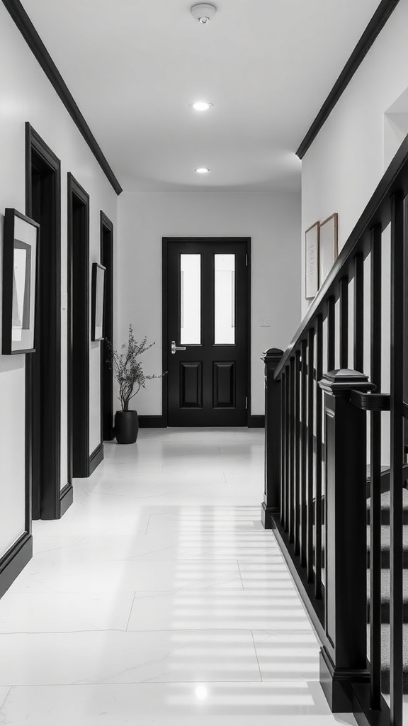 A monochrome hallway featuring a black bannister, white walls, and a black door.
