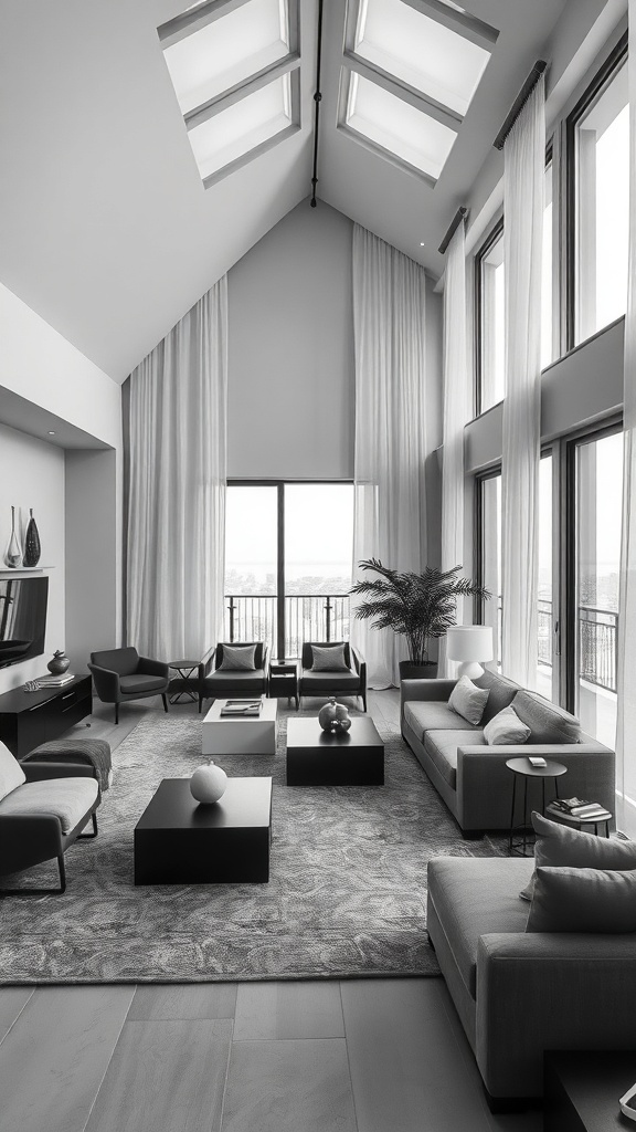 Ein moderner Wohnraum mit monochromen Grautönen, großen Fenstern und minimalistischen Möbeln.
