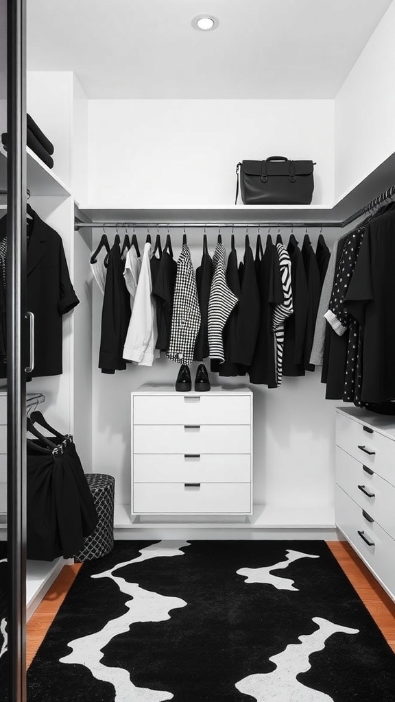 A minimalist walk-in closet featuring black and white clothing, white drawers, and a black and white rug.