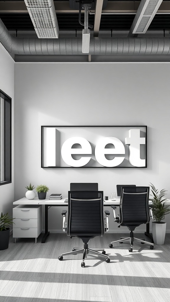 A modern office space featuring a monochrome color scheme with sleek furniture and bold wall art.