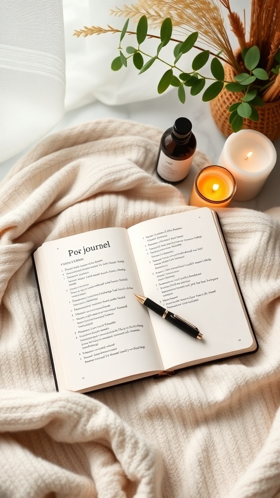 An open journal with prompts, a pen, candles, and greenery on a cozy blanket.