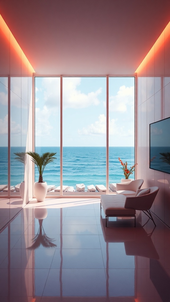 Modern interior with ocean view, large windows, and calming color palette