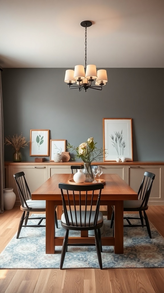 A cozy dining area with a wooden table, black chairs, and a gray wall, featuring framed botanical prints and a chandelier.