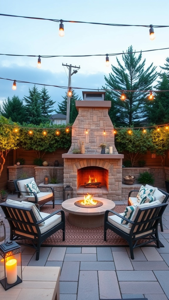 Cozy outdoor patio with a fireplace, comfortable seating, and string lights.