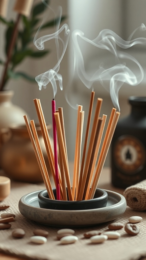 A collection of incense sticks in a holder with smoke rising, set against a cozy background.