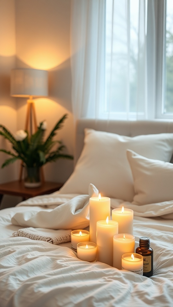 A cozy bedroom with lit candles and essential oils on the bed.