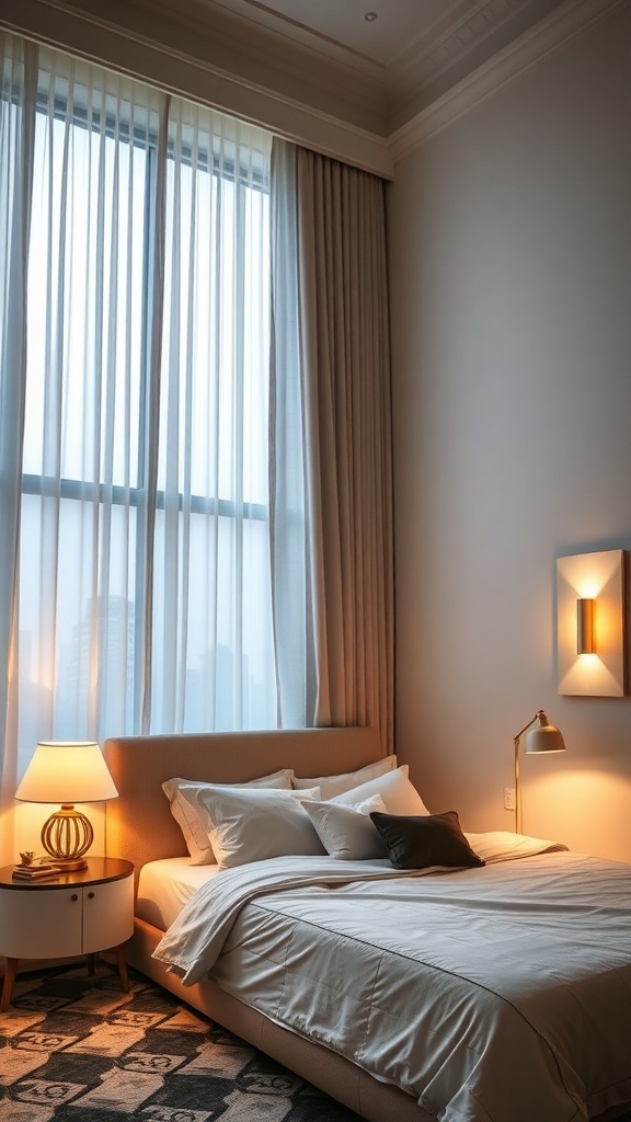 A cozy bedroom featuring soft lighting from a bedside lamp and wall sconce, with sheer curtains allowing natural light to filter in.