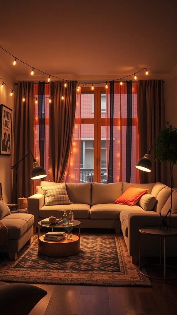 A cozy living room with warm string lights and stylish lamps, creating a welcoming atmosphere.