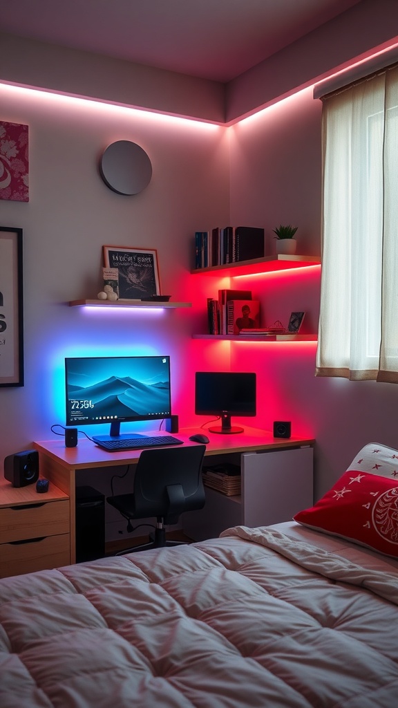 A gaming bedroom setup featuring LED mood lighting around shelves and desk, with a computer and monitor.