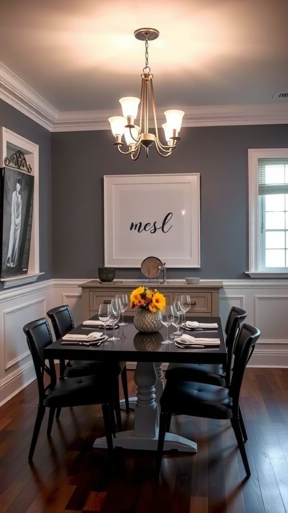 A dining room featuring a stylish chandelier above a black table set with glasses and flowers, showcasing mood lighting.