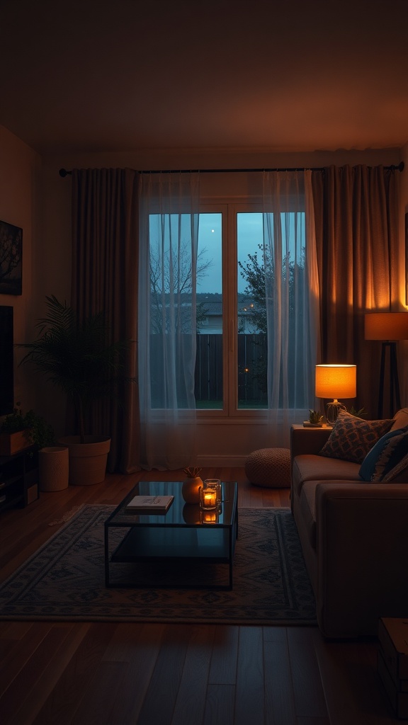 A cozy living room with warm lighting, featuring a lamp, candles, and curtains, creating a relaxing atmosphere.