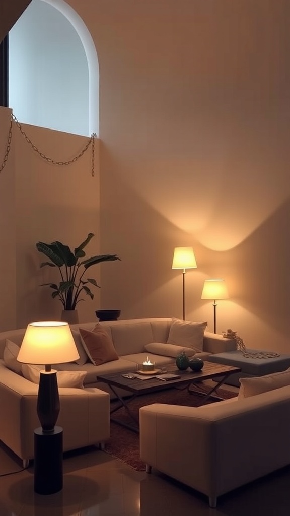 Cozy lounge with floor lamps and soft lighting
