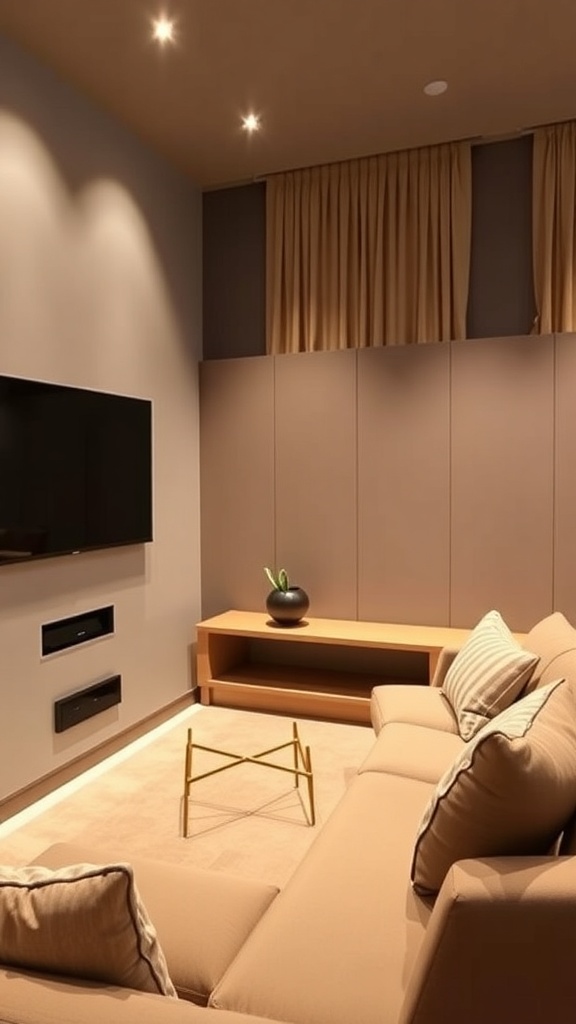 Cozy home theater with warm mood lighting and minimalist decor