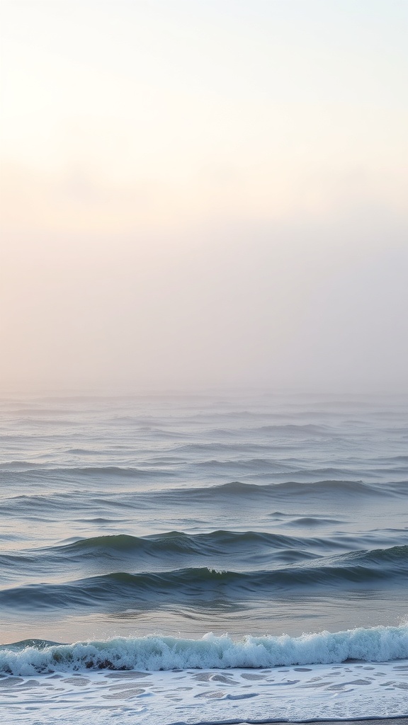 A serene view of the sea with morning mist and gentle waves.