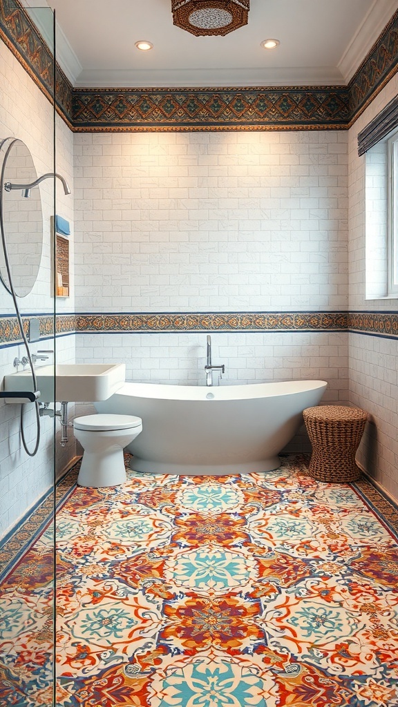 A bathroom featuring colorful mosaic tile flooring with intricate patterns, a modern bathtub, and neutral walls.