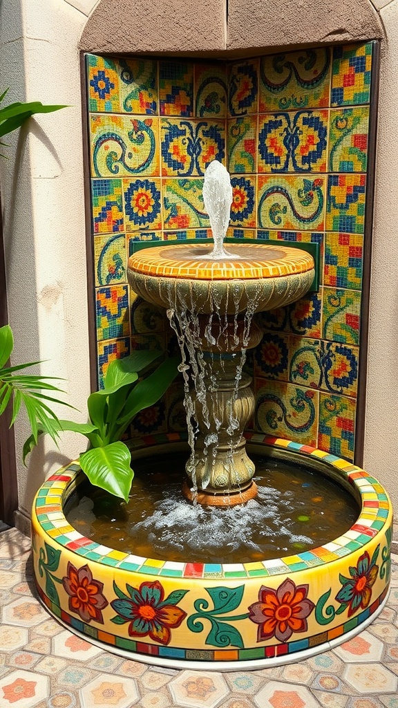 A colorful mosaic tile fountain with water flowing from the top, surrounded by plants.