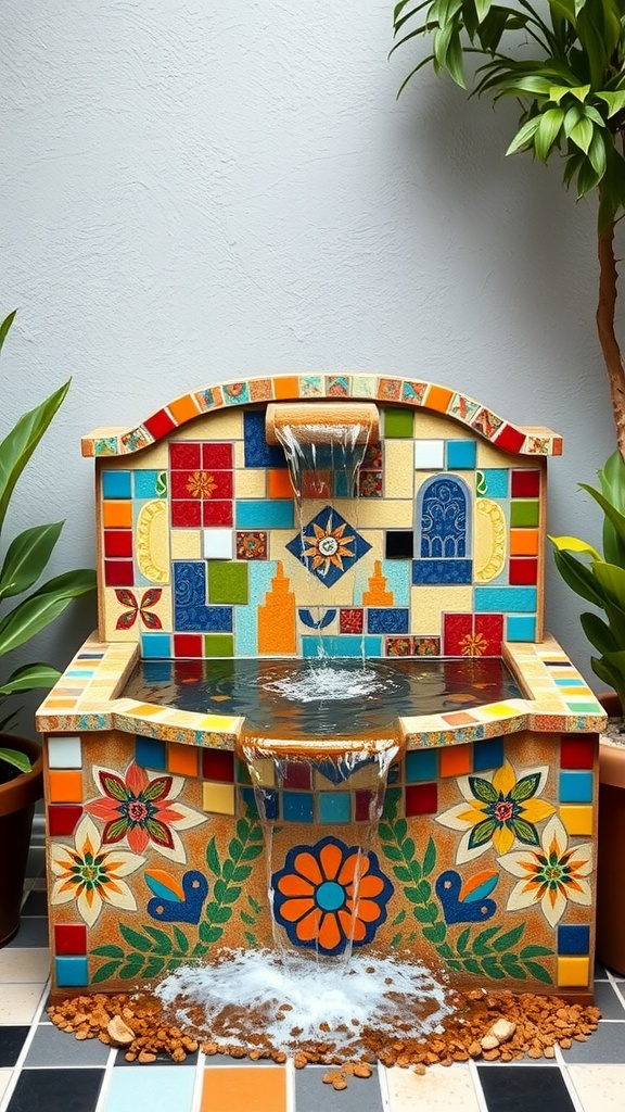 A colorful mosaic tile fountain with flowing water and surrounding plants.