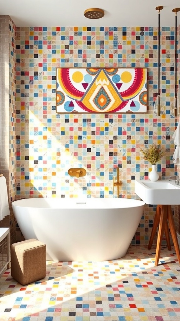 Colorful mosaic tiles in a bathroom with a freestanding tub and modern fixtures.