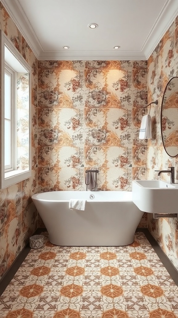 A stylish bathroom featuring mosaic tile flooring and floral wallpaper.