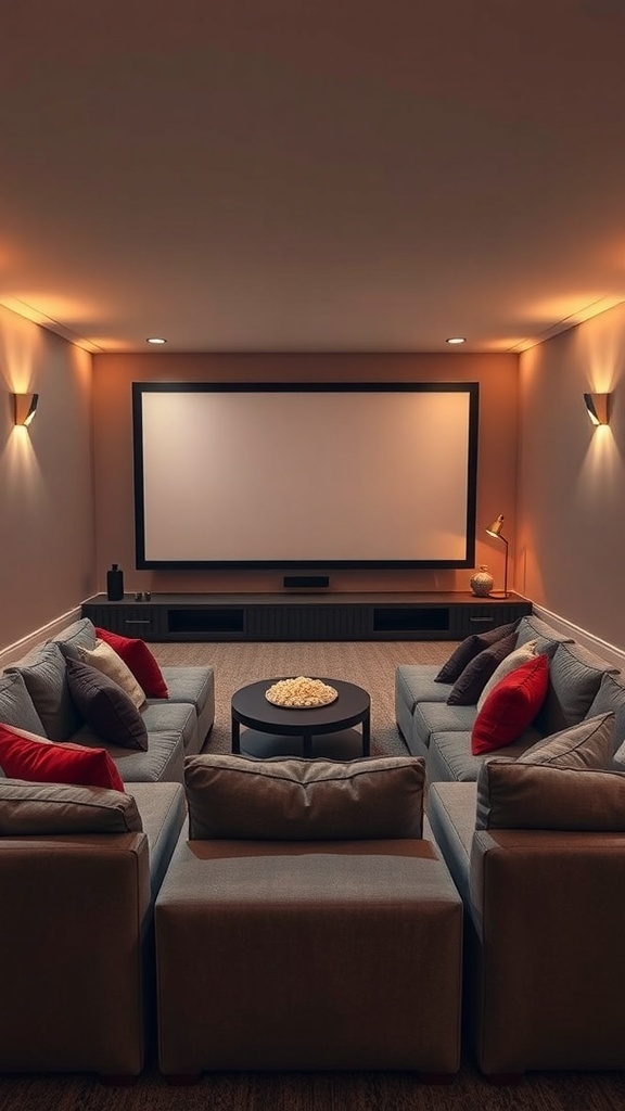 Cozy sunken sofa setup for a movie night, featuring soft cushions and a large screen.