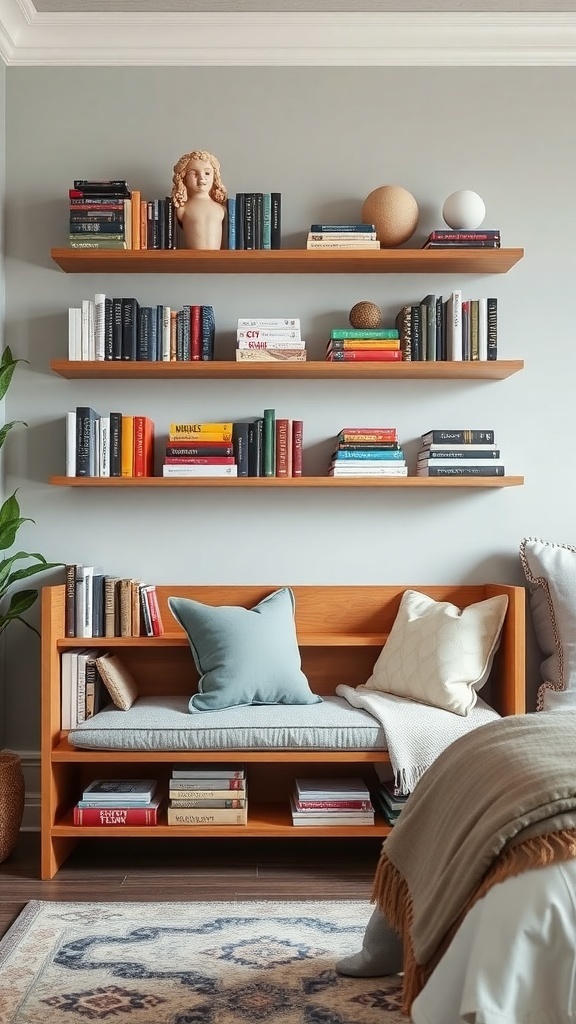 A cozy bedroom featuring a multi-functional bookshelf bench with floating shelves filled with books.