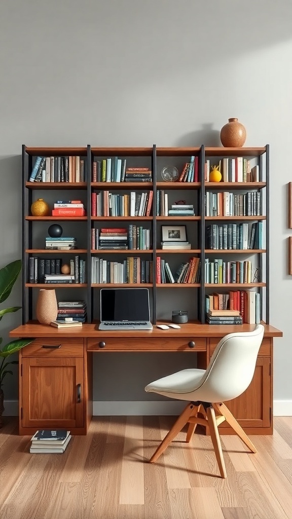 A stylish multi-functional bookshelf with an integrated desk and chair, showcasing a collection of books and decorative items.