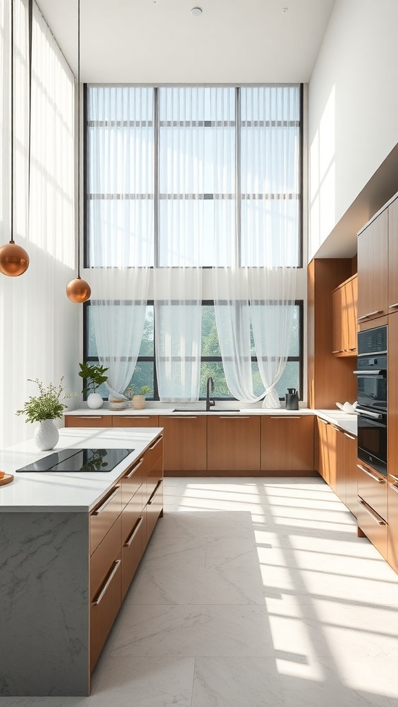 Modern kitchen with composite countertops and wooden cabinetry, featuring large windows and natural light.