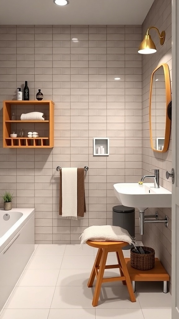 A small bathroom featuring a cozy stool that doubles as a side table and a wicker table for additional storage.