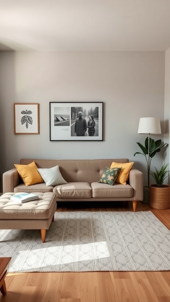 A cozy living room featuring a multi-functional sofa and ottoman.