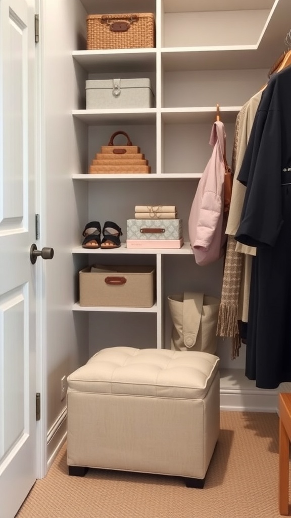 A closet featuring shelves with storage boxes and a stylish ottoman for seating and storage.