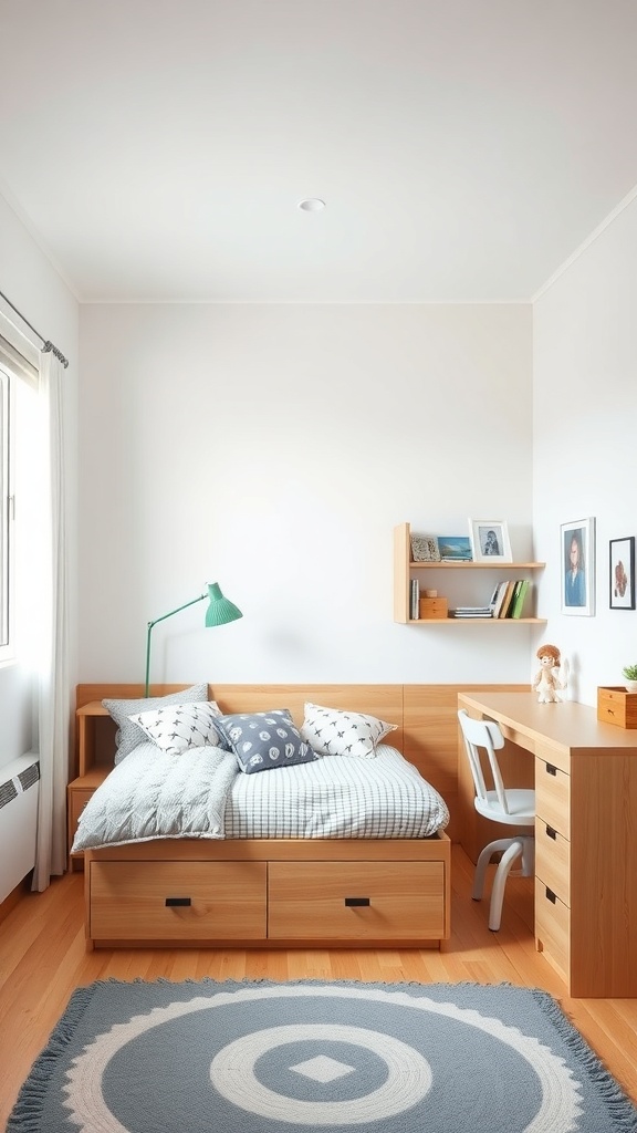 A stylish kids bedroom featuring a bed with storage drawers, a desk, and a green lamp.