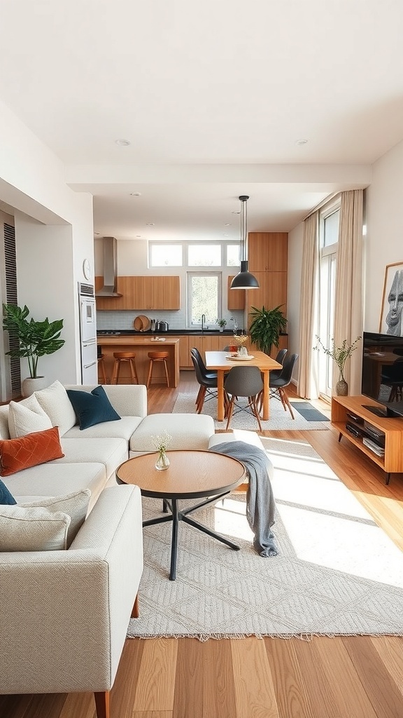 A stylish open concept living and dining area featuring a sectional sofa, round coffee table, and a dining table with chairs.