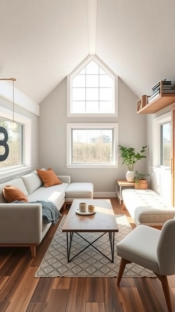 Helles Wohnzimmer in einem Tiny House mit Sofa, Couchtisch und Pflanzen.