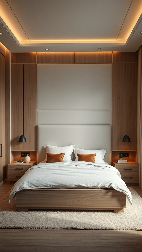 A modern bedroom featuring a bed with a simple design, wooden accents, and cozy pillows.
