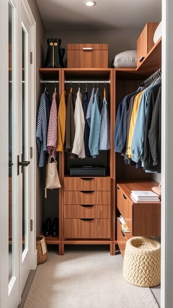 A well-organized small closet with multi-functional furniture, featuring hanging clothes, drawers, and shelves.