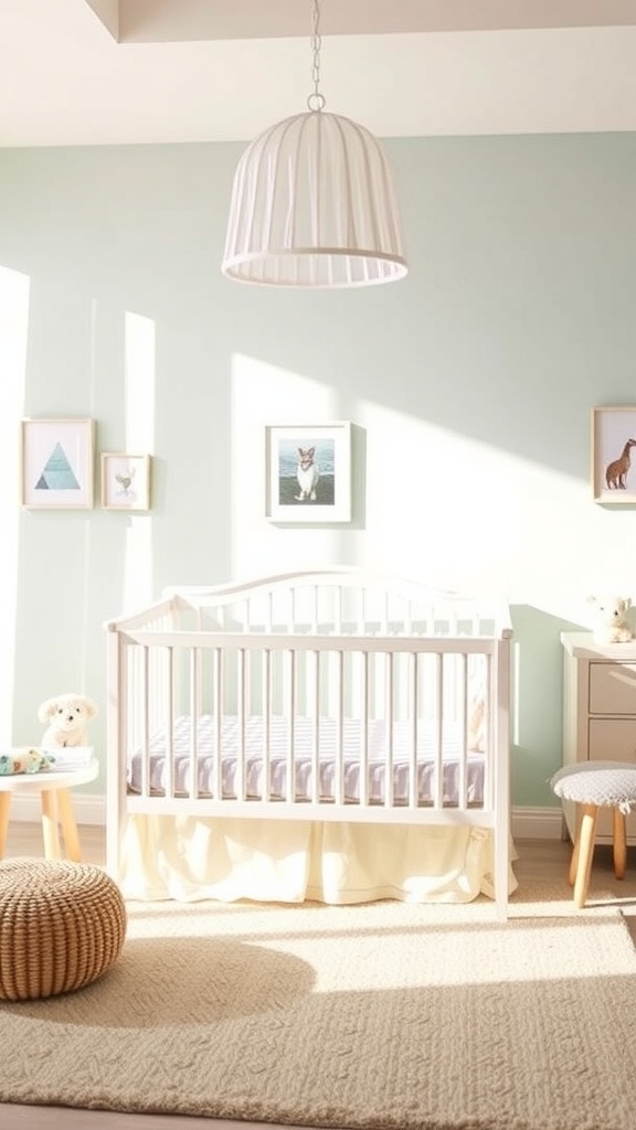 A bright and cozy nursery featuring a crib, pouf, and soft rug.