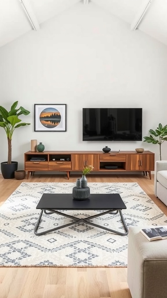 A minimalist living room with a modern coffee table, wooden media console, and decorative plants.