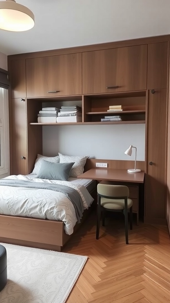 A small bedroom featuring a bed integrated with a desk and storage, showcasing multi-functional furniture.