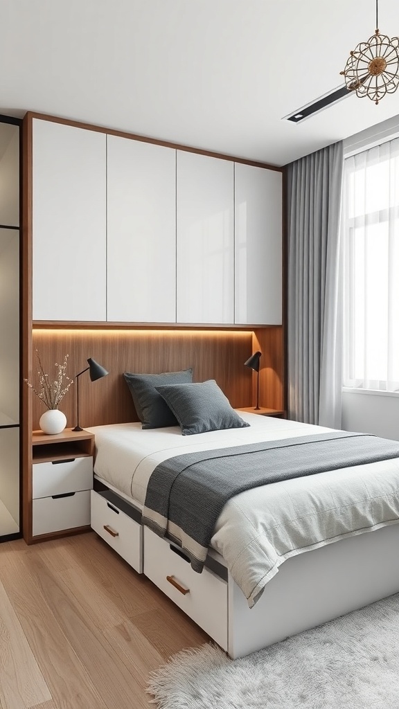 A modern small bedroom featuring a bed with built-in storage drawers and stylish decor.