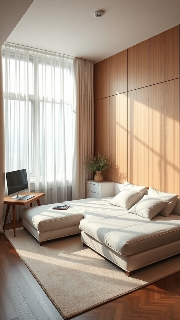 Cozy bedroom featuring a multi-functional sofa bed, side table, and TV stand with natural light.