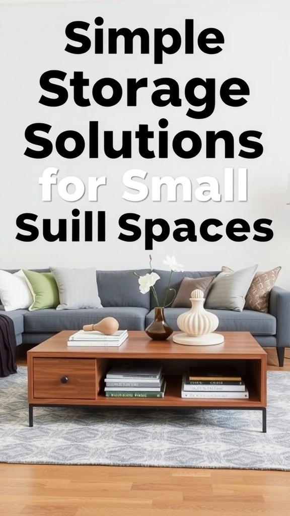 A stylish living room with a multi-functional coffee table that has storage space, complemented by a cozy couch and decorative pillows.