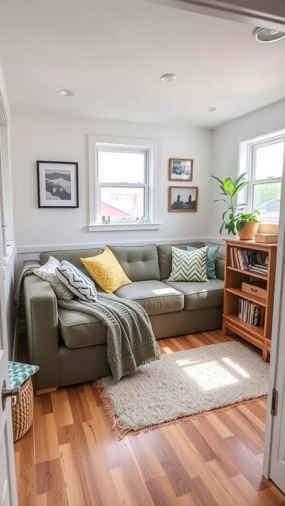 Cozy living space with a multi-functional sofa, colorful cushions, and a wooden bookshelf.