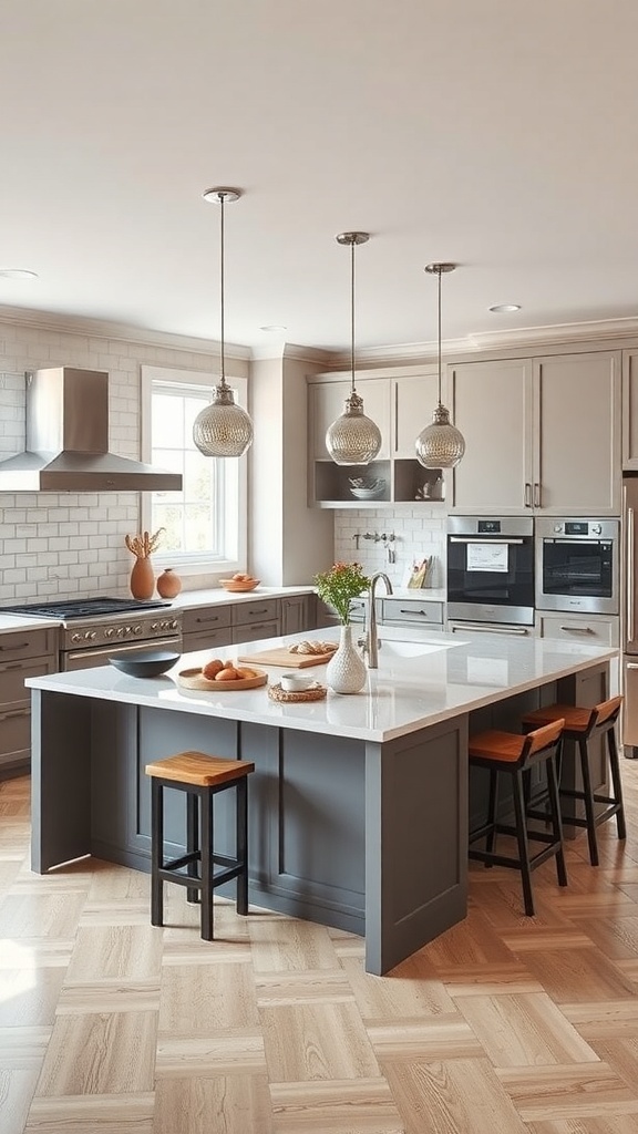 Modern kitchen with a multi-functional island featuring a cooking station, stylish stools, and a sleek design.