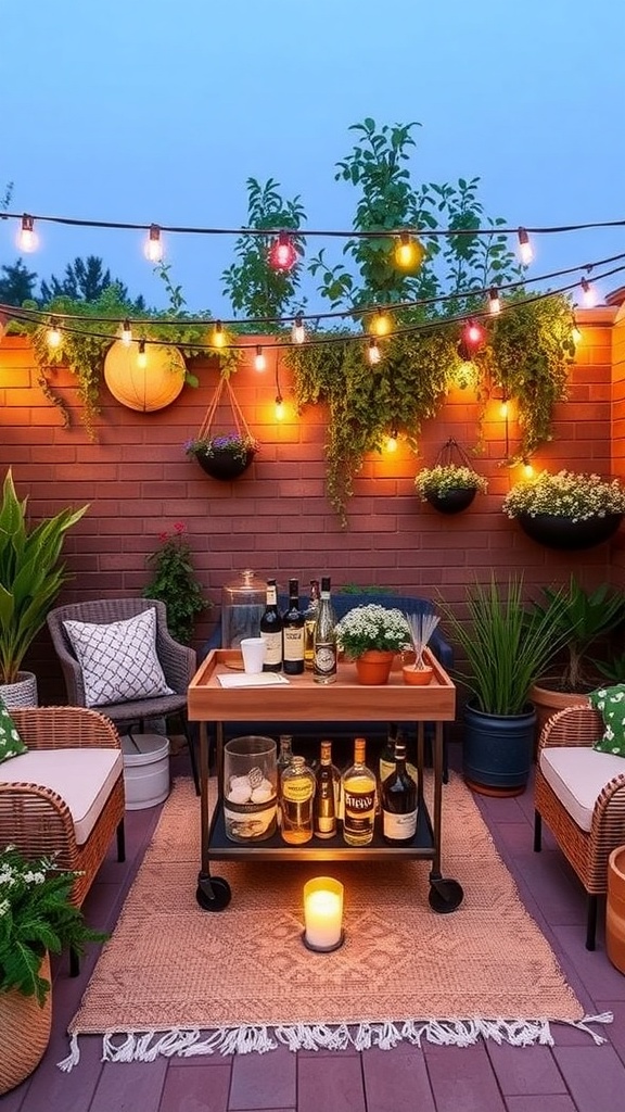 A cozy outdoor bar cart set up with drinks, plants, and string lights.
