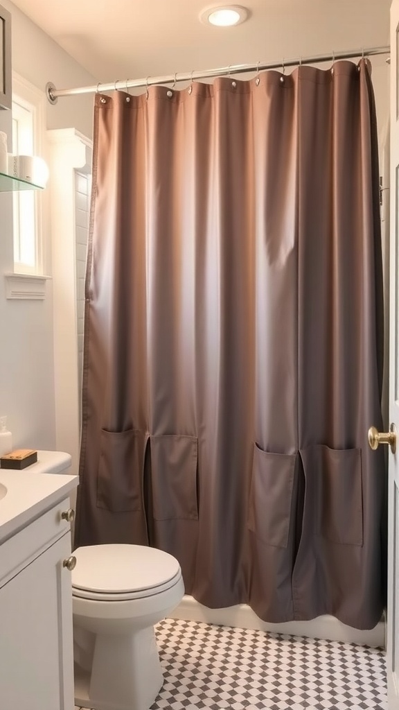 A multi-functional shower curtain with pockets in a small bathroom