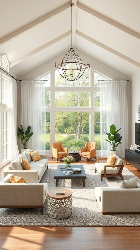 A bright and cozy living room with large windows, comfortable seating, and a central coffee table.