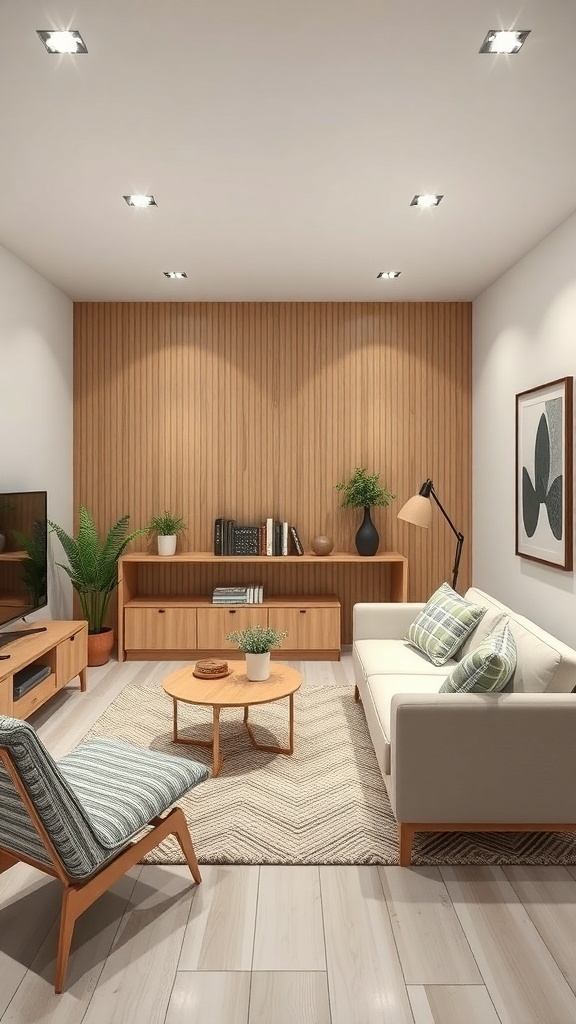 A cozy Japandi living room featuring a light wood wall, a comfortable sofa, an accent chair, and plants.